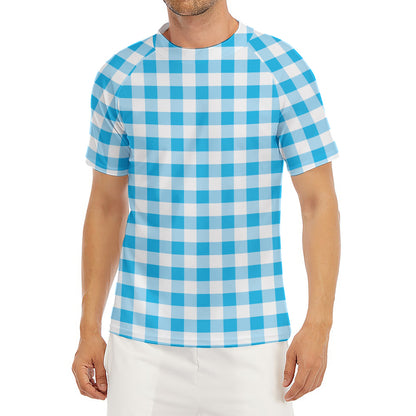 Cyan Blue And White Gingham Print Men's Short Sleeve Rash Guard