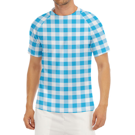 Cyan Blue And White Gingham Print Men's Short Sleeve Rash Guard