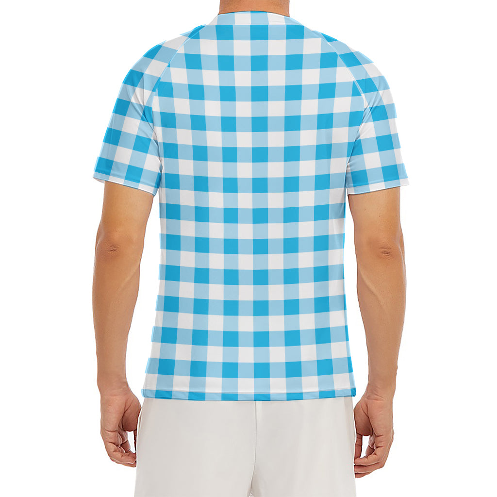 Cyan Blue And White Gingham Print Men's Short Sleeve Rash Guard