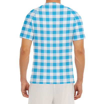 Cyan Blue And White Gingham Print Men's Short Sleeve Rash Guard