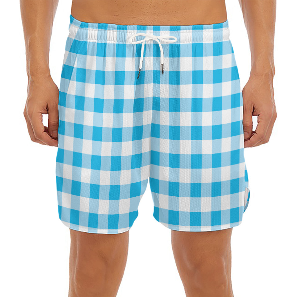 Cyan Blue And White Gingham Print Men's Split Running Shorts