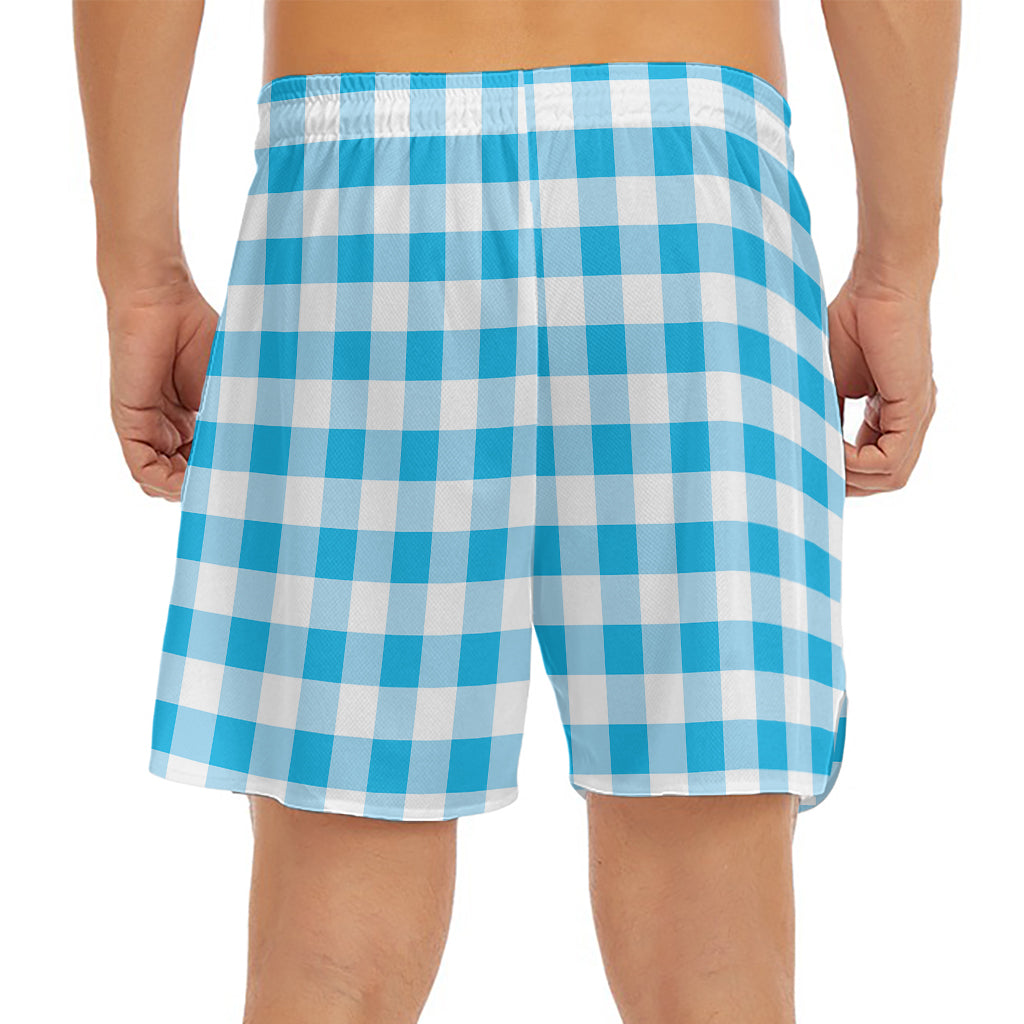 Cyan Blue And White Gingham Print Men's Split Running Shorts