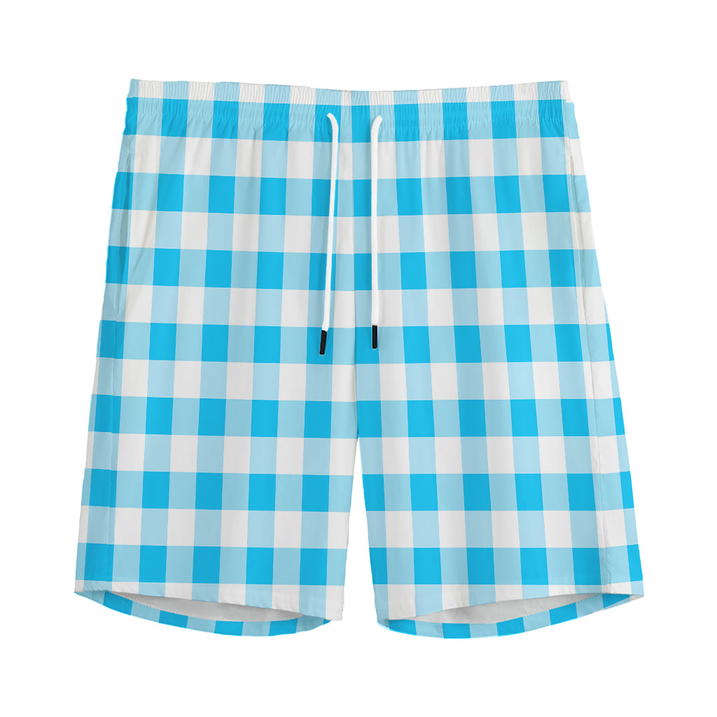 Cyan Blue And White Gingham Print Men's Sports Shorts