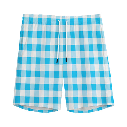 Cyan Blue And White Gingham Print Men's Sports Shorts