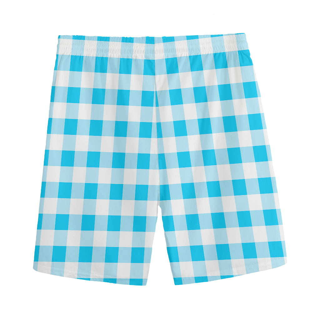 Cyan Blue And White Gingham Print Men's Sports Shorts