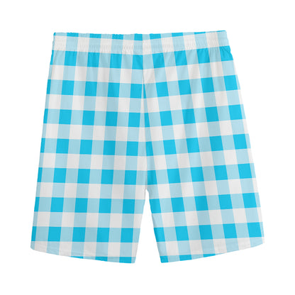 Cyan Blue And White Gingham Print Men's Sports Shorts