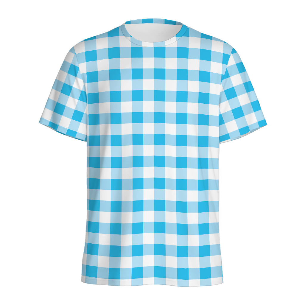 Cyan Blue And White Gingham Print Men's Sports T-Shirt