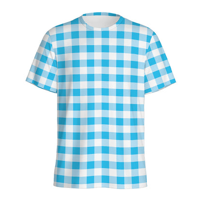 Cyan Blue And White Gingham Print Men's Sports T-Shirt