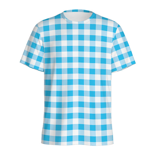 Cyan Blue And White Gingham Print Men's Sports T-Shirt