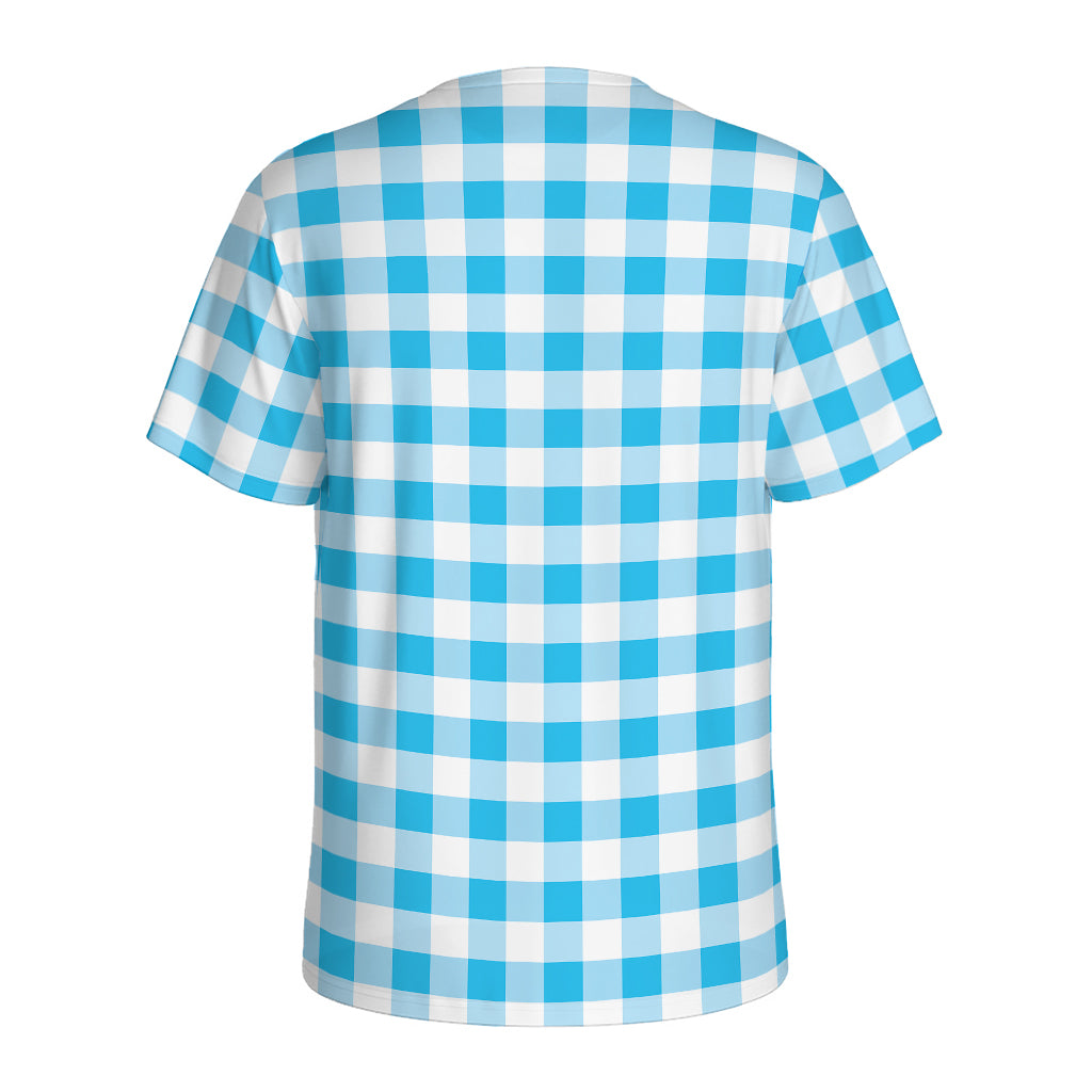 Cyan Blue And White Gingham Print Men's Sports T-Shirt