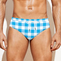 Cyan Blue And White Gingham Print Men's Swim Briefs