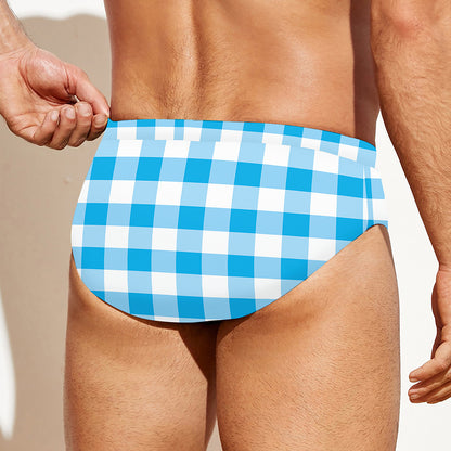 Cyan Blue And White Gingham Print Men's Swim Briefs