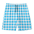 Cyan Blue And White Gingham Print Men's Swim Trunks