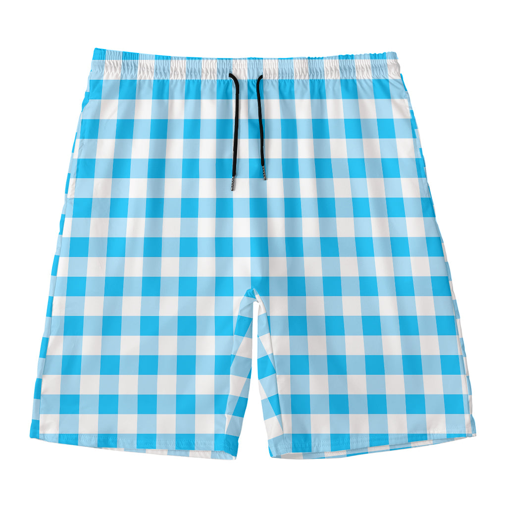 Cyan Blue And White Gingham Print Men's Swim Trunks