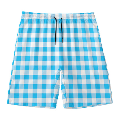 Cyan Blue And White Gingham Print Men's Swim Trunks
