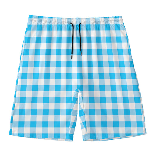 Cyan Blue And White Gingham Print Men's Swim Trunks