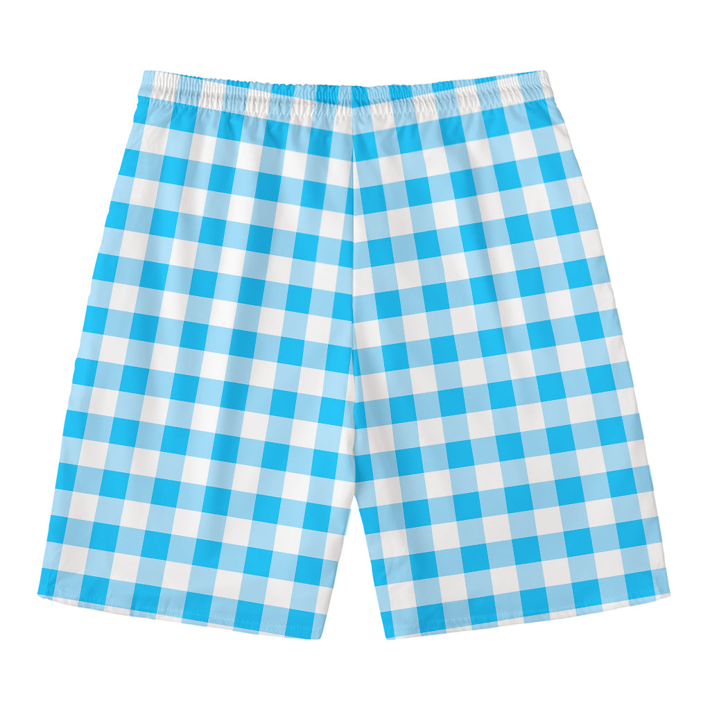Cyan Blue And White Gingham Print Men's Swim Trunks