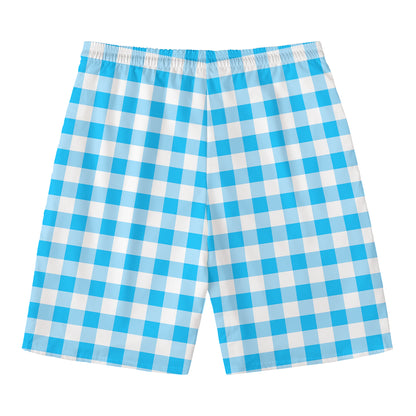 Cyan Blue And White Gingham Print Men's Swim Trunks