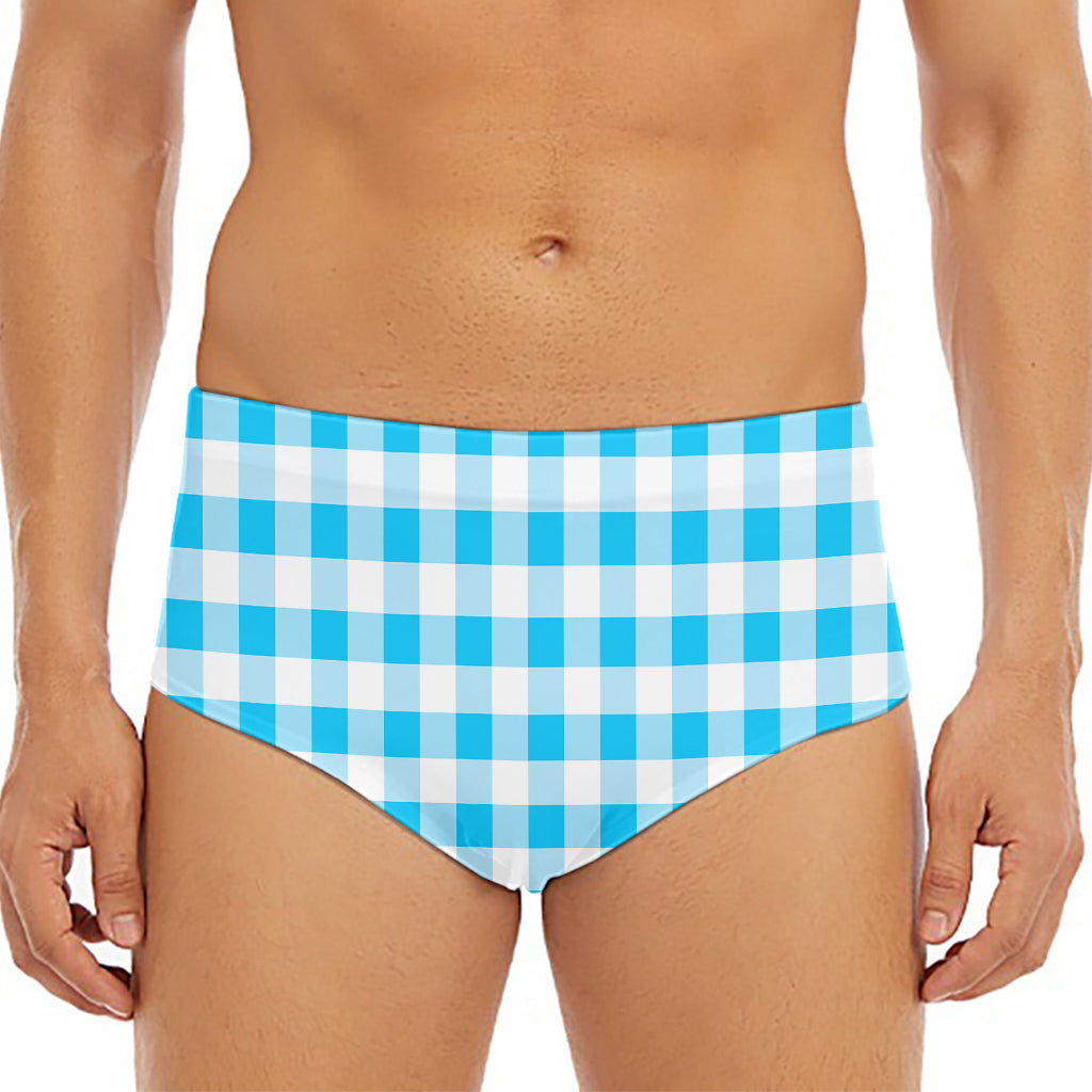 Cyan Blue And White Gingham Print Men's Triangle Swim Briefs