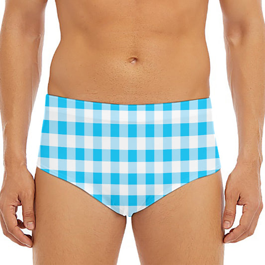 Cyan Blue And White Gingham Print Men's Triangle Swim Briefs