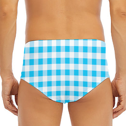 Cyan Blue And White Gingham Print Men's Triangle Swim Briefs