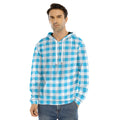 Cyan Blue And White Gingham Print Men's Velvet Pullover Hoodie