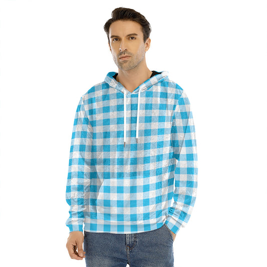 Cyan Blue And White Gingham Print Men's Velvet Pullover Hoodie