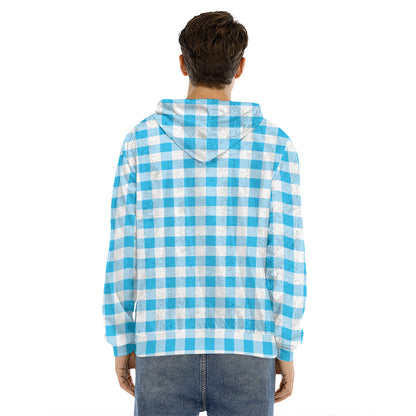 Cyan Blue And White Gingham Print Men's Velvet Pullover Hoodie