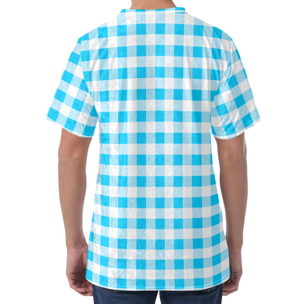Cyan Blue And White Gingham Print Men's Velvet T-Shirt