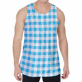 Cyan Blue And White Gingham Print Men's Velvet Tank Top