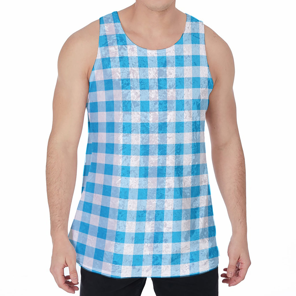 Cyan Blue And White Gingham Print Men's Velvet Tank Top