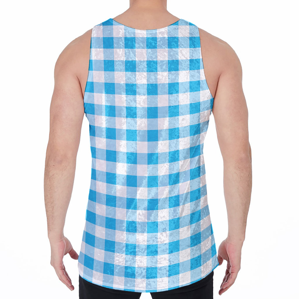 Cyan Blue And White Gingham Print Men's Velvet Tank Top