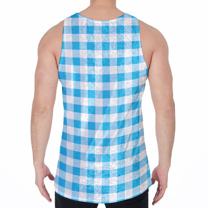 Cyan Blue And White Gingham Print Men's Velvet Tank Top