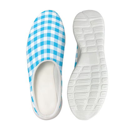 Cyan Blue And White Gingham Print Mesh Casual Shoes