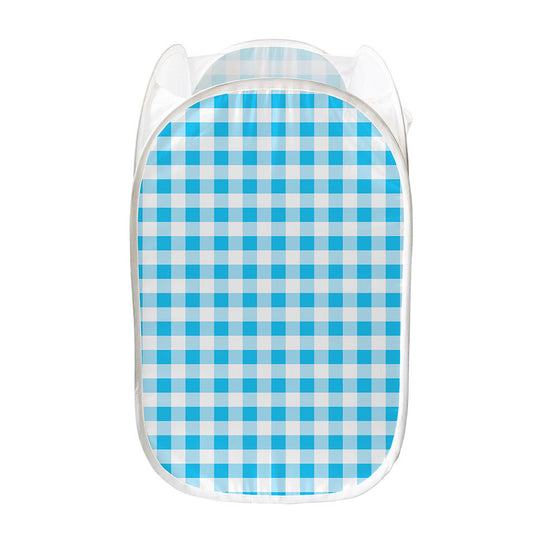 Cyan Blue And White Gingham Print Mesh Laundry Hamper