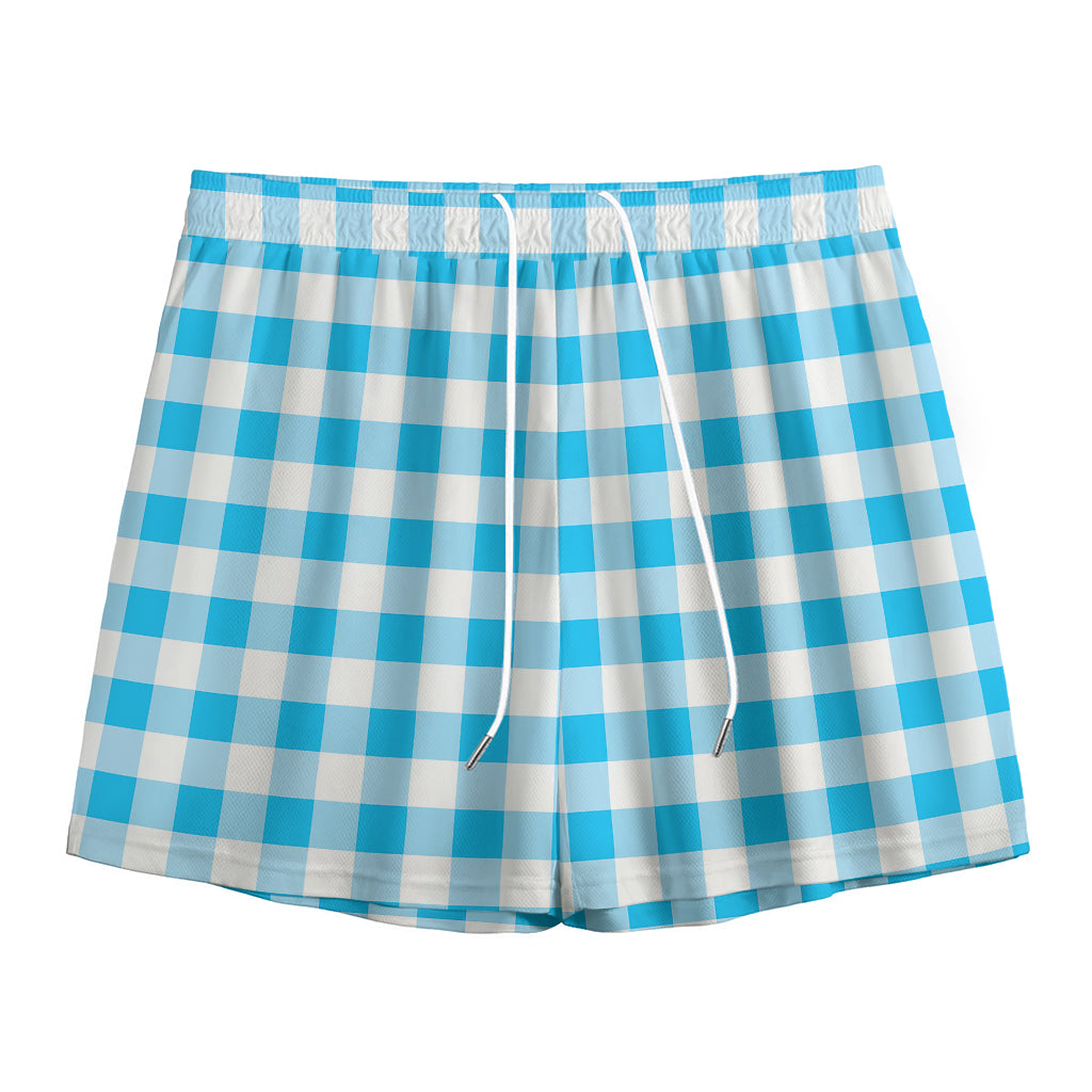 Cyan Blue And White Gingham Print Mesh Shorts