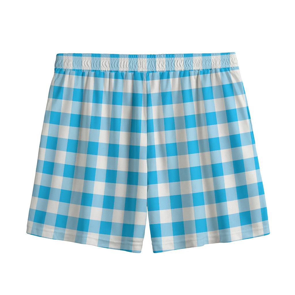 Cyan Blue And White Gingham Print Mesh Shorts