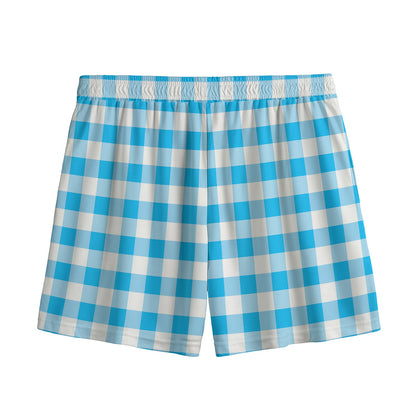 Cyan Blue And White Gingham Print Mesh Shorts