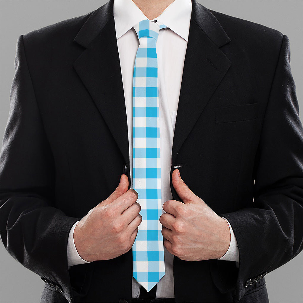 Cyan Blue And White Gingham Print Necktie