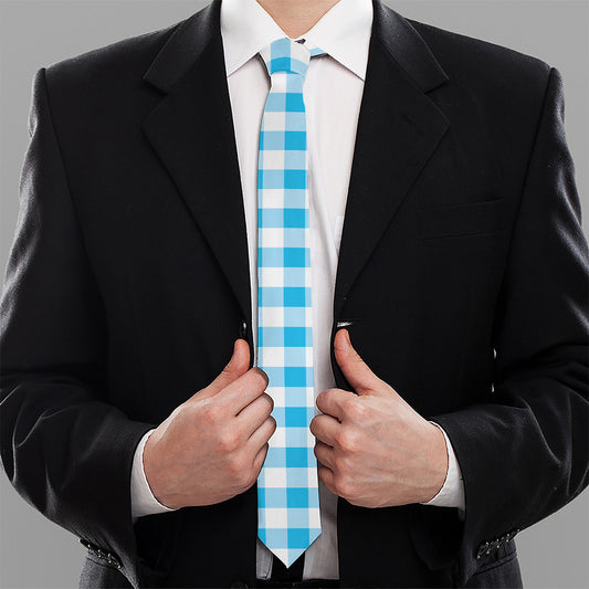 Cyan Blue And White Gingham Print Necktie