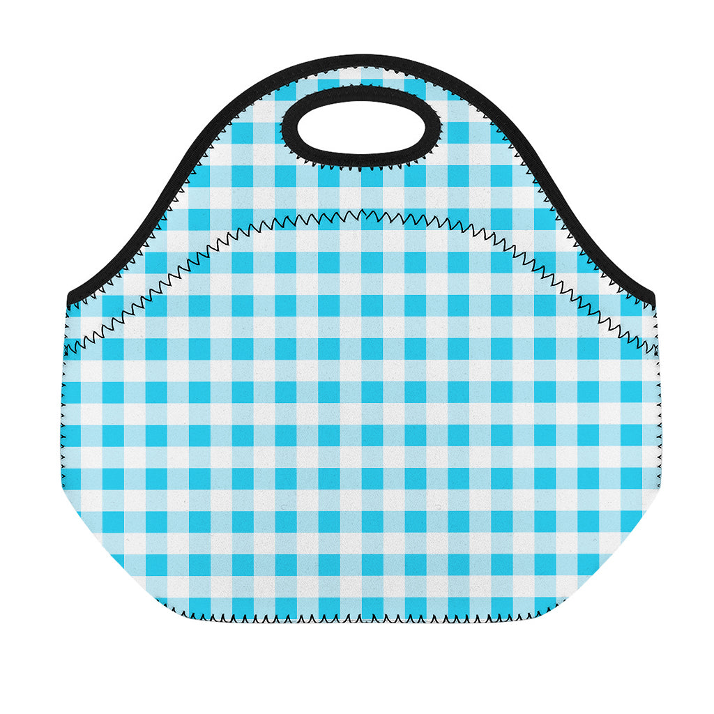Cyan Blue And White Gingham Print Neoprene Lunch Bag