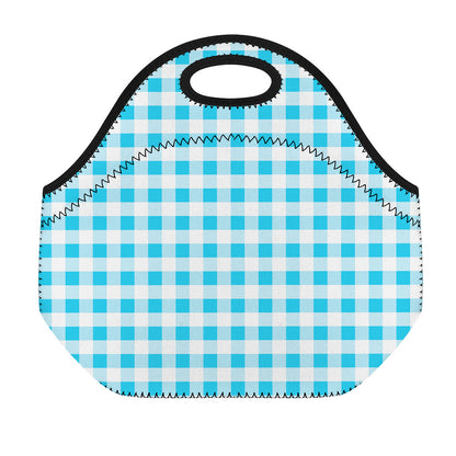 Cyan Blue And White Gingham Print Neoprene Lunch Bag
