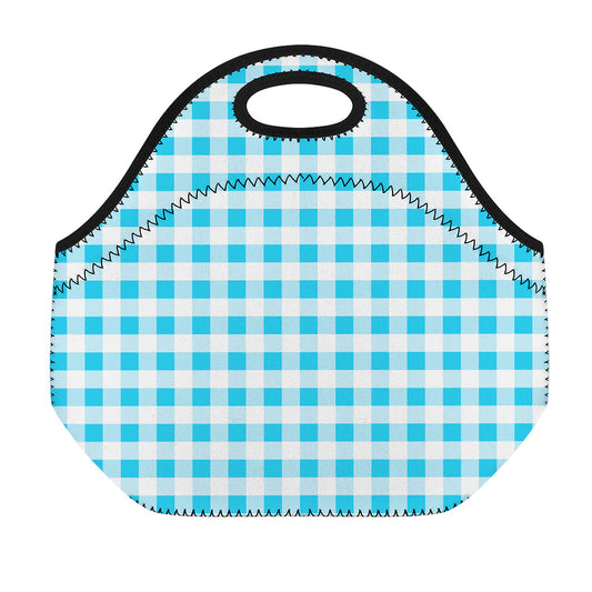 Cyan Blue And White Gingham Print Neoprene Lunch Bag