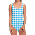 Cyan Blue And White Gingham Print One Piece Swimsuit
