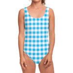 Cyan Blue And White Gingham Print One Piece Swimsuit