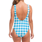 Cyan Blue And White Gingham Print One Piece Swimsuit