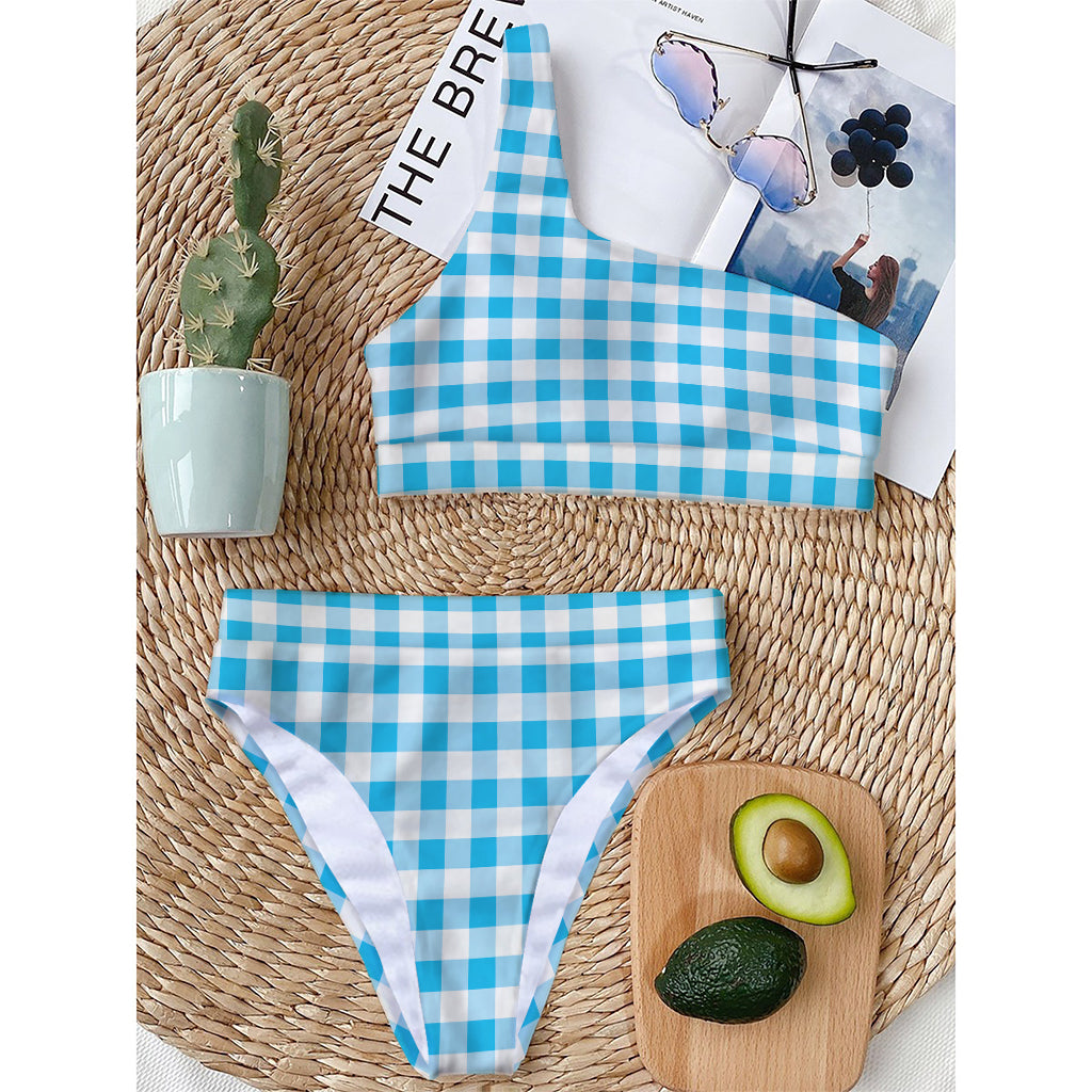 Cyan Blue And White Gingham Print One Shoulder Bikini Top