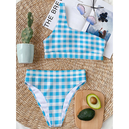 Cyan Blue And White Gingham Print One Shoulder Bikini Top