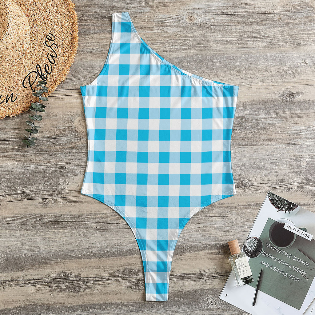 Cyan Blue And White Gingham Print One Shoulder Bodysuit