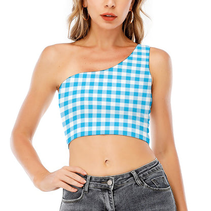 Cyan Blue And White Gingham Print One Shoulder Crop Top